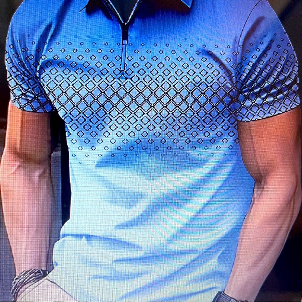 Geometry Pattern Men’s Zipper Casual Golf Shirt XXL Sky Blue NWOT